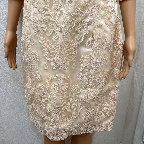 Wedding Dress Champagne Beige Boat Neck 3/4 Sleeve Corset Tie Back Midi - Picture 5 of 14